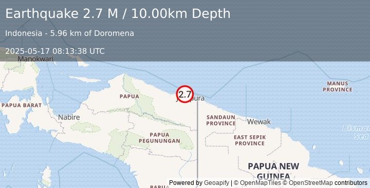 Earthquake Near North Coast of West Papua (2.7 M) (2025-05-17 08:13:38 UTC)