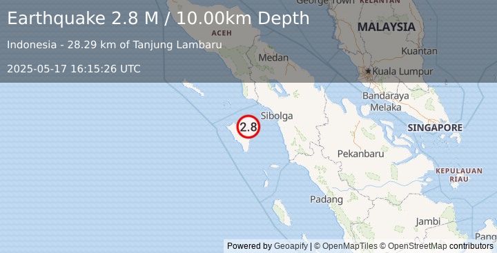 Earthquake Northern Sumatra, Indonesia (2.8 M) (2025-05-17 16:15:26 UTC)