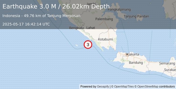 Earthquake Southern Sumatra, Indonesia (3.0 M) (2025-05-17 16:42:14 UTC)