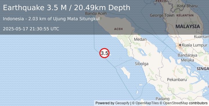 Earthquake Off West Coast of Northern Sumatra (3.5 M) (2025-05-17 21:30:55 UTC)