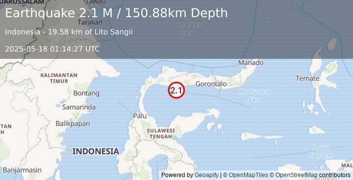 Earthquake Minahassa Peninsula, Sulawesi (2.1 M) (2025-05-18 01:14:27 UTC)