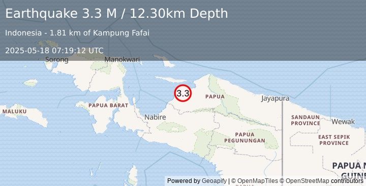 Earthquake West Papua Region, Indonesia (3.3 M) (2025-05-18 07:19:12 UTC)