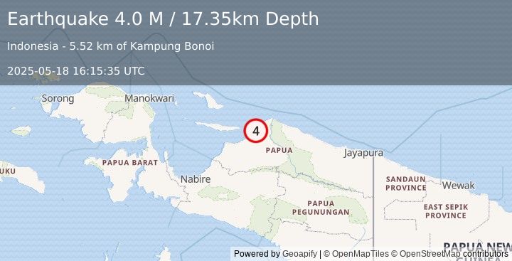 Earthquake Near North Coast of West Papua (4.0 M) (2025-05-18 16:15:35 UTC)