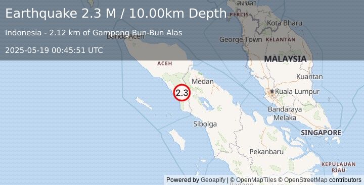 Earthquake Northern Sumatra, Indonesia (2.3 M) (2025-05-19 00:45:51 UTC)