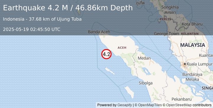 Earthquake Off West Coast of Northern Sumatra (4.2 M) (2025-05-19 02:45:50 UTC)