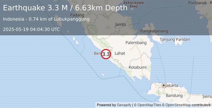 Earthquake Southern Sumatra, Indonesia (3.3 M) (2025-05-19 04:04:30 UTC)