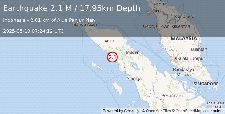 Earthquake Northern Sumatra, Indonesia (2.1 M) (2025-05-19 07:24:12 UTC)