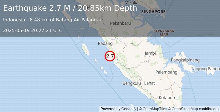 Earthquake Southern Sumatra, Indonesia (2.7 M) (2025-05-19 20:27:21 UTC)