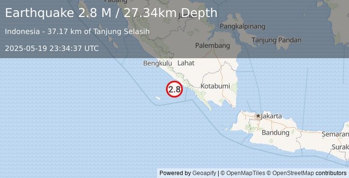 Earthquake Southern Sumatra, Indonesia (2.8 M) (2025-05-19 23:34:37 UTC)