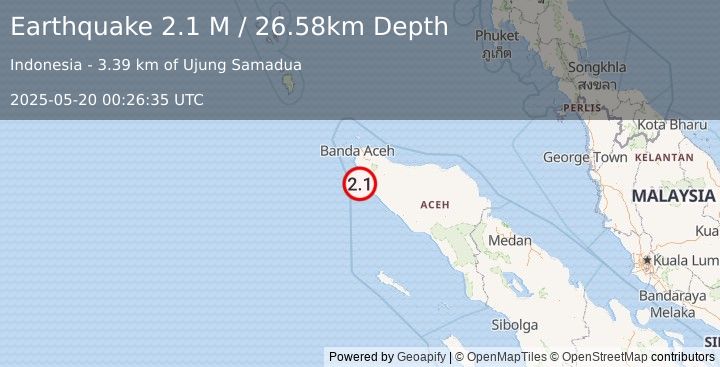 Earthquake Northern Sumatra, Indonesia (2.1 M) (2025-05-20 00:26:35 UTC)