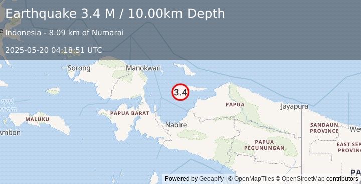 Earthquake West Papua Region, Indonesia (3.4 M) (2025-05-20 04:18:51 UTC)