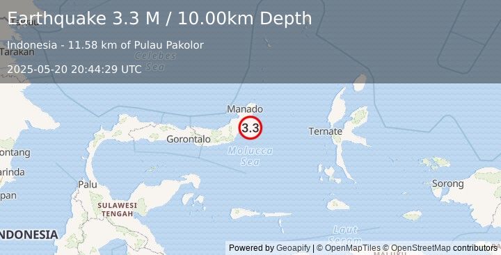 Earthquake Northern Molucca Sea (3.3 M) (2025-05-20 20:44:29 UTC)
