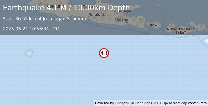 Earthquake South of Java, Indonesia (4.1 M) (2025-05-21 10:56:34 UTC)