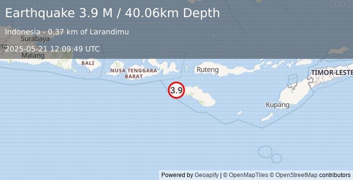 Earthquake Sumba Region, Indonesia (3.9 M) (2025-05-21 12:09:49 UTC)