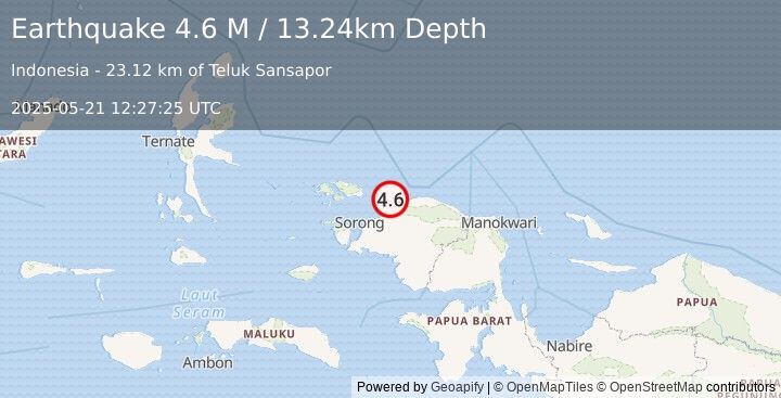 Earthquake West Papua Region, Indonesia (4.6 M) (2025-05-21 12:27:26 UTC)