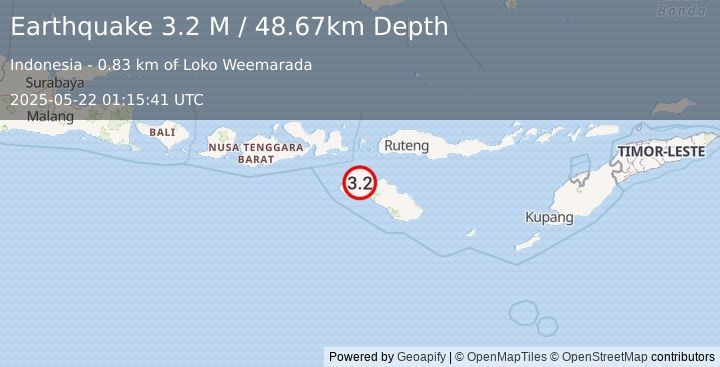 Earthquake Sumba Region, Indonesia (3.2 M) (2025-05-22 01:15:41 UTC)