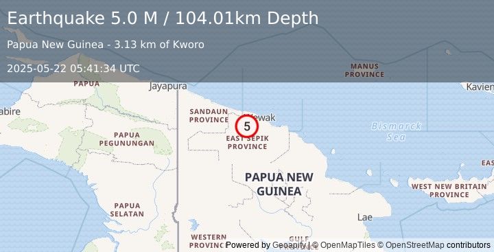 Earthquake Near North Coast of Papua New Guinea (5.2 M) (2025-05-22 05:41:37 UTC)