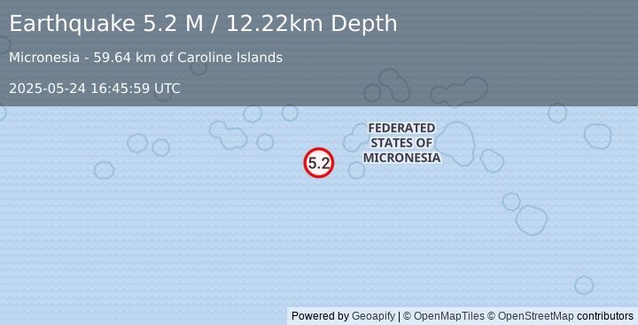 Earthquake Eastern Caroline Islands, Micronesia (5.2 M) (2025-05-24 16:45:59 UTC)