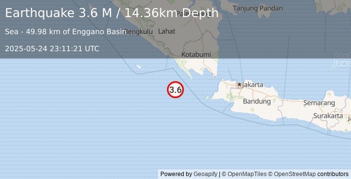 Earthquake Southwest of Sumatra, Indonesia (3.6 M) (2025-05-24 23:11:21 UTC)