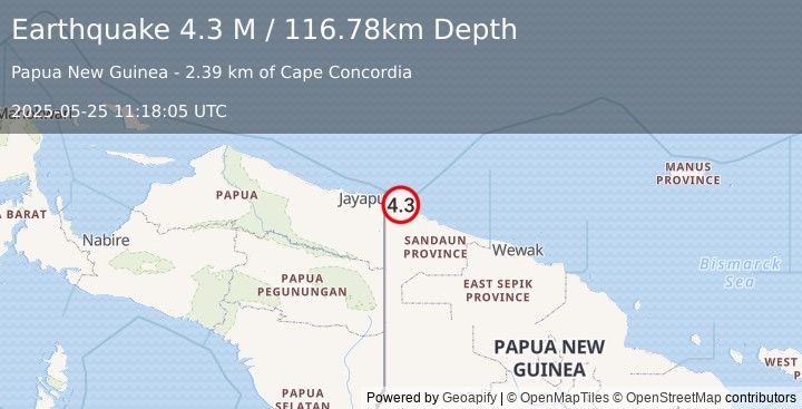 Earthquake Near North Coast of Papua New Guinea (4.2 M) (2025-05-25 11:18:04 UTC)