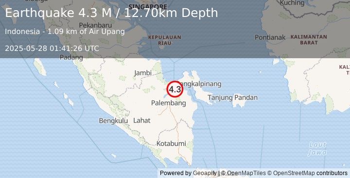 Earthquake Southern Sumatra, Indonesia (4.3 M) (2025-05-28 01:41:26 UTC)