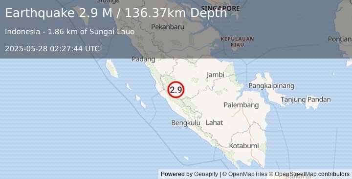 Earthquake Southern Sumatra, Indonesia (3.1 M) (2025-05-28 02:27:43 UTC)