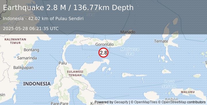 Earthquake Minahassa Peninsula, Sulawesi (2.8 M) (2025-05-28 06:21:35 UTC)