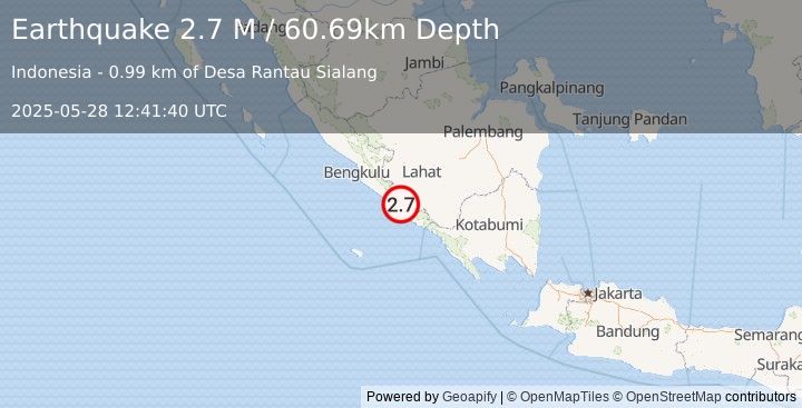 Earthquake Southern Sumatra, Indonesia (2.9 M) (2025-05-28 12:41:39 UTC)