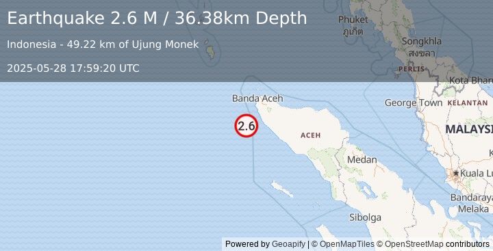 Earthquake Off West Coast of Northern Sumatra (2.6 M) (2025-05-28 17:59:20 UTC)