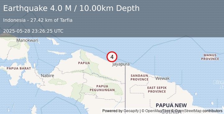 Earthquake Near North Coast of West Papua (4.0 M) (2025-05-28 23:26:25 UTC)