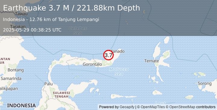 Earthquake Minahassa Peninsula, Sulawesi (3.7 M) (2025-05-29 00:38:25 UTC)