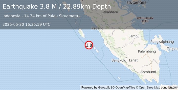Earthquake Southern Sumatra, Indonesia (3.8 M) (2025-05-30 16:35:59 UTC)