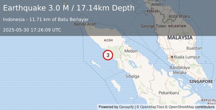 Earthquake Northern Sumatra, Indonesia (3.0 M) (2025-05-30 17:26:09 UTC)