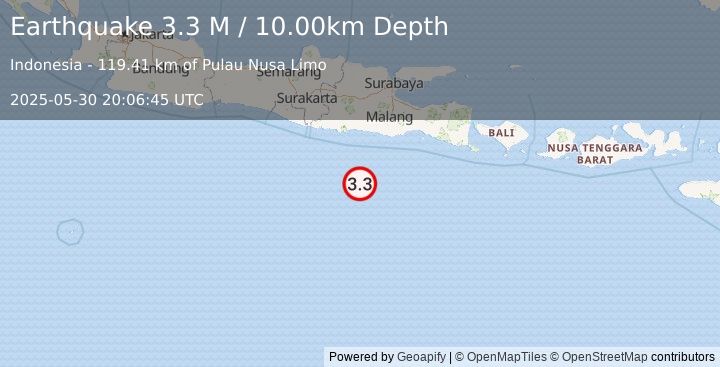 Earthquake South of Java, Indonesia (3.3 M) (2025-05-30 20:06:45 UTC)