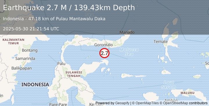 Earthquake Minahassa Peninsula, Sulawesi (2.8 M) (2025-05-30 21:21:53 UTC)