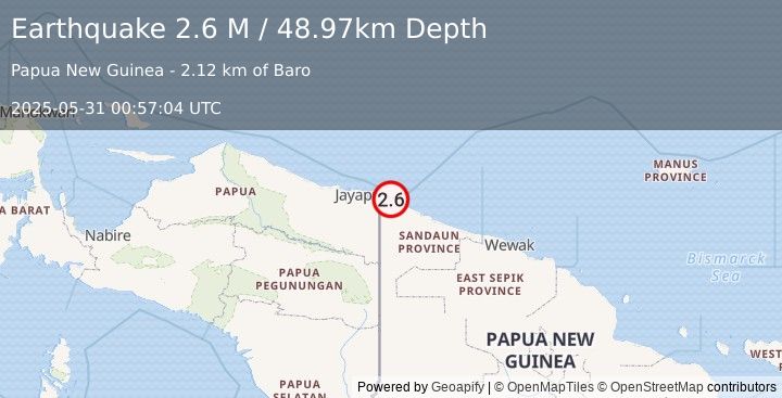 Earthquake Near North Coast of Papua New Guinea (2.6 M) (2025-05-31 00:57:04 UTC)