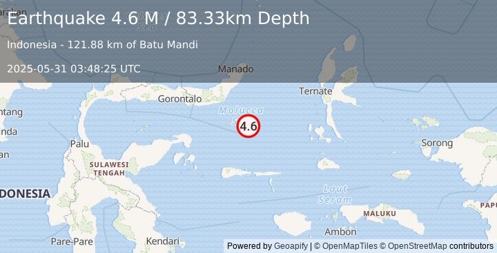 Earthquake Southern Molucca Sea (4.6 M) (2025-05-31 03:48:23 UTC)