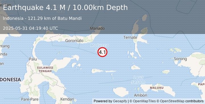 Earthquake Southern Molucca Sea (4.1 M) (2025-05-31 04:19:40 UTC)