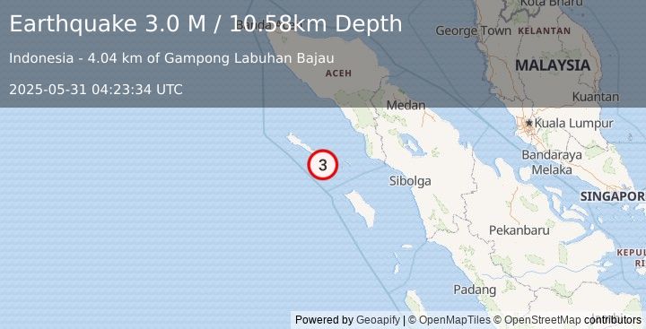 Earthquake Northern Sumatra, Indonesia (3.0 M) (2025-05-31 04:23:34 UTC)