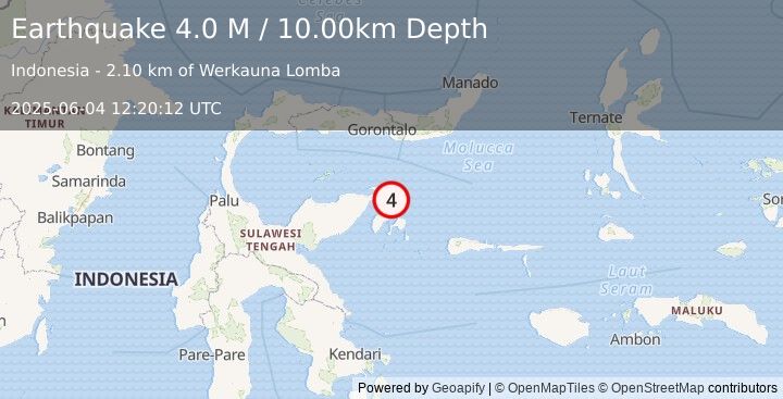 Earthquake Minahassa Peninsula, Sulawesi (4.0 M) (2025-06-04 12:20:12 UTC)