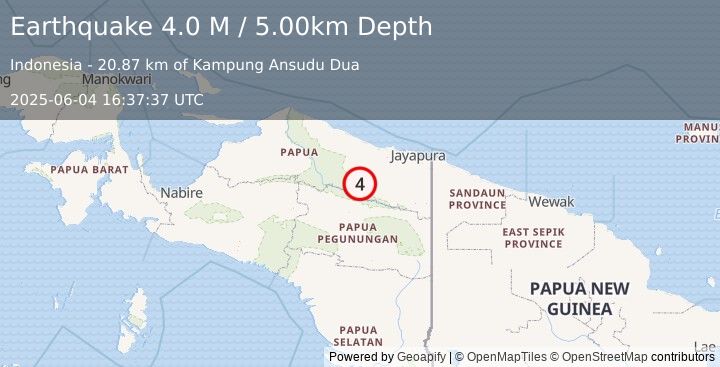 Earthquake West Papua, Indonesia (4.0 M) (2025-06-04 16:37:37 UTC)