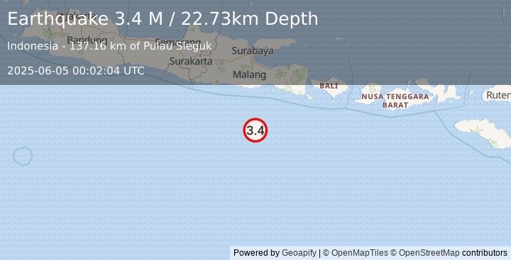 Earthquake South of Java, Indonesia (3.4 M) (2025-06-05 00:02:04 UTC)