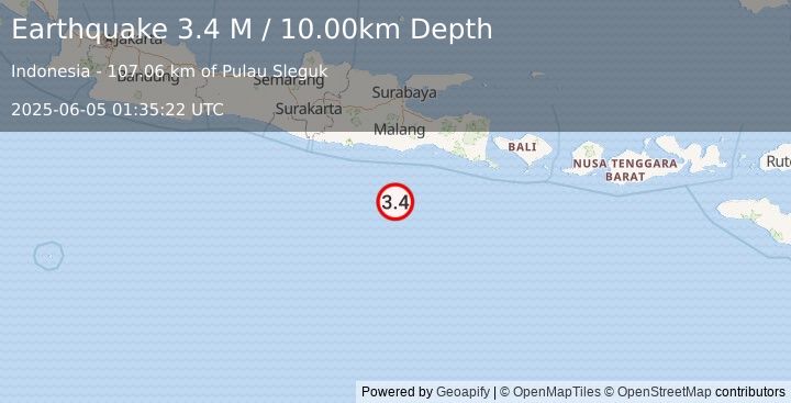 Earthquake South of Java, Indonesia (3.4 M) (2025-06-05 01:35:22 UTC)