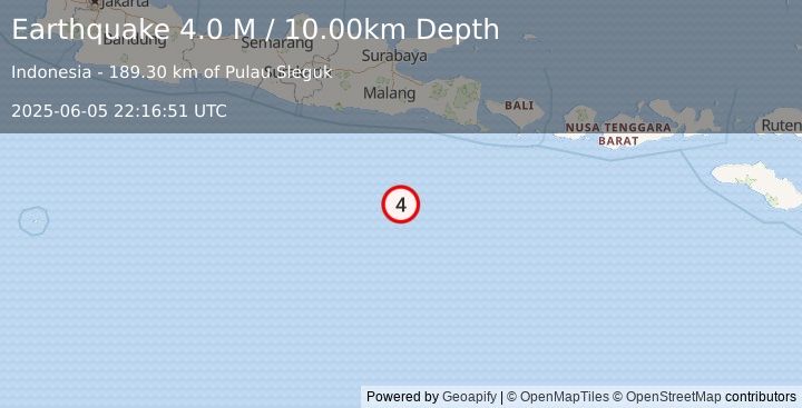 Earthquake South of Java, Indonesia (4.0 M) (2025-06-05 22:16:54 UTC)