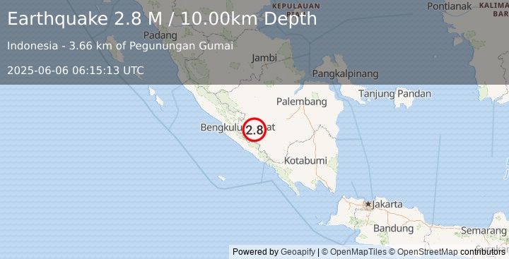 Earthquake Southern Sumatra, Indonesia (2.8 M) (2025-06-06 06:15:13 UTC)