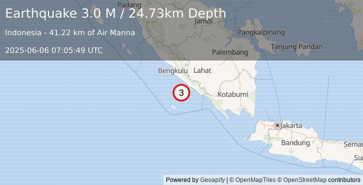 Earthquake Southern Sumatra, Indonesia (3.0 M) (2025-06-06 07:05:49 UTC)