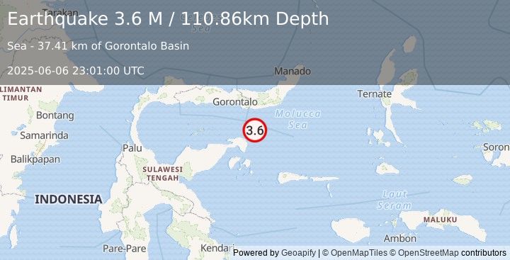 Earthquake Minahassa Peninsula, Sulawesi (3.6 M) (2025-06-06 23:01:00 UTC)