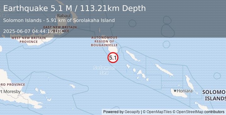 Earthquake Solomon Islands (5.1 M) (2025-06-07 04:44:16 UTC)
