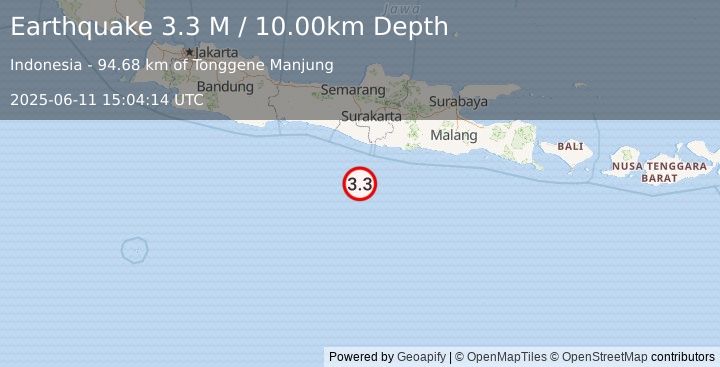 Earthquake South of Java, Indonesia (3.3 M) (2025-06-11 15:04:14 UTC)