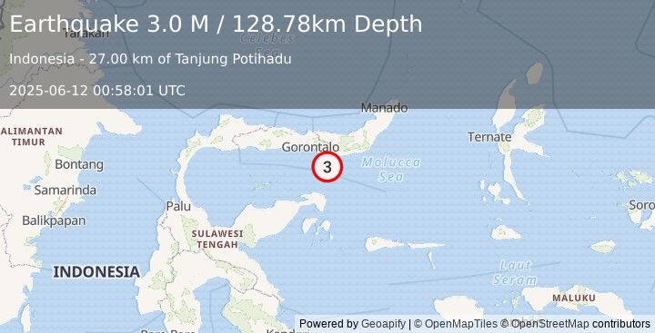 Earthquake Minahassa Peninsula, Sulawesi (3.0 M) (2025-06-12 00:58:01 UTC)